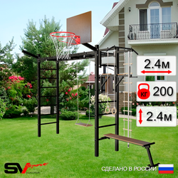 Уличная шведская стенка Sv Sport рукоход У5341К (Турник/Брусья/Скамья/Деревянные/Щит баскет/Кронш бокс/Канат/кольца/лестница)