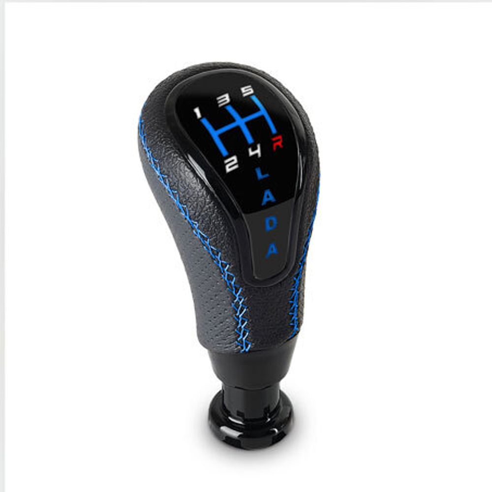 Ручка КПП с белой LED-подсветкой для ЛАДА Калина 2 экокожа, синяя, черный глянец