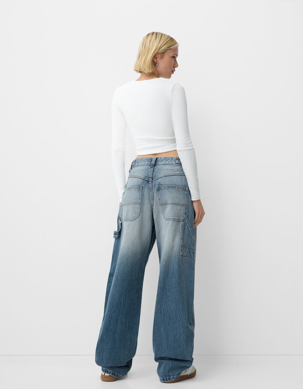 BERSHKA ДЖИНСЫ BALLOON FIT, СВЕТЛО-ГОЛУБОЙ