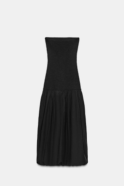 ZARA ПЛАТЬЕ МИДИ С ОТКРЫТЫМИ ПЛЕЧАМИ И КОМБИНИРОВАННОЙ ТКАНЬЮ, ЧЕРНЫЙ
