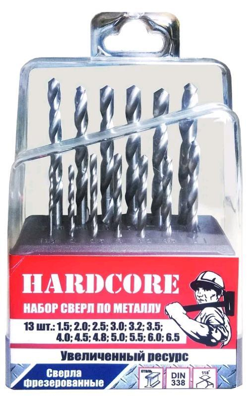 Сверла по мет. Р6М5 фрез. с шаговой заточкой 13шт.(1,5-6,5 через 0,5мм,3,2, 4,8мм) / Hardcore 140000