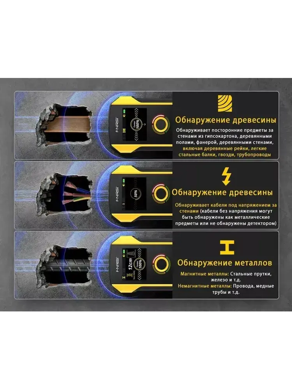 Скрытая проводка и металлодетектор FNIRSI WD-02,Портативный цифровой индикатор проводки,Локатор ,Высокоточная несущая стена трубы, поддержка переключения Русский-черный