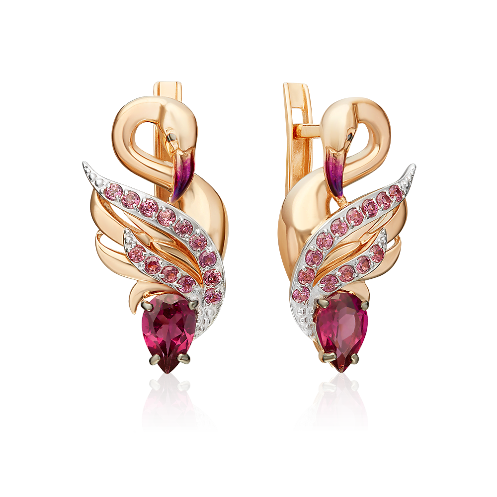 Серьги «Розовый фламинго» с английским замком из красного золота с гранатами и эмалью