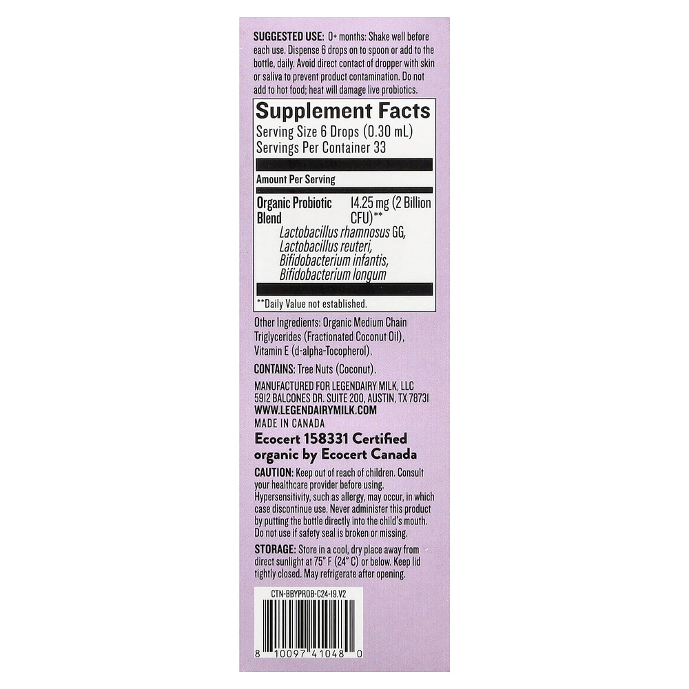 Legendairy Milk, органический пробиотик, для детей от 0 месяцев, 10 мл (0,34 жидк. унции)