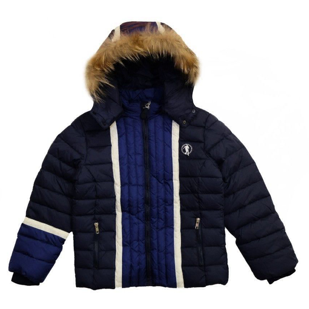 Куртка (пух) с капюшоном BIKKEMBERGS Темно-синий/Синий/Белые полосы/Мех (Мальчик)