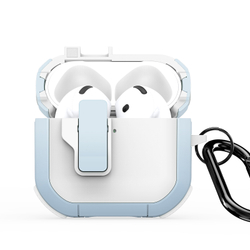 Усиленный чехол белый с синими вставками от Dux Ducis для наушников AirPods 4, серия PECP Series Case, в комплекте с карабином