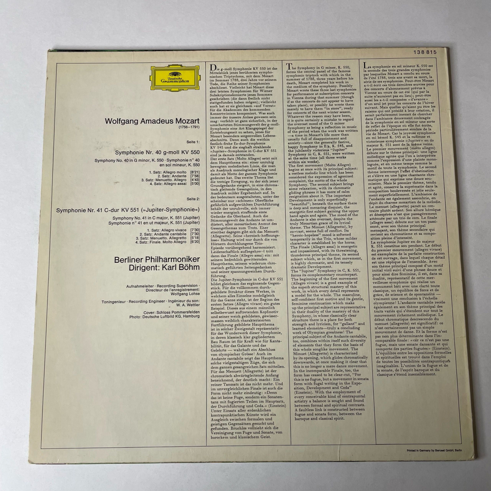 Винтажная виниловая пластинка LP Mozart Моцарт, Berliner Philharmoniker Karl Bohm Симфония Symphonien Nr. 40 G-Moll (In G Minor) Nr. 41 Jupiter Юпитер (Германия 1977) Deutsche Grammophon