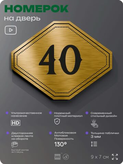 Номерок на дверь квартиры 40, для кабинета, офиса, шильдик 9 х 7 см, золотистый, Айдентика Технолоджи