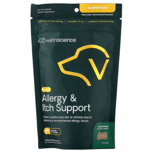 VetriScience, Allergy Plus, для всех собак, утка, жевательные таблетки на размер 60, 120 г (4,23 унции)
