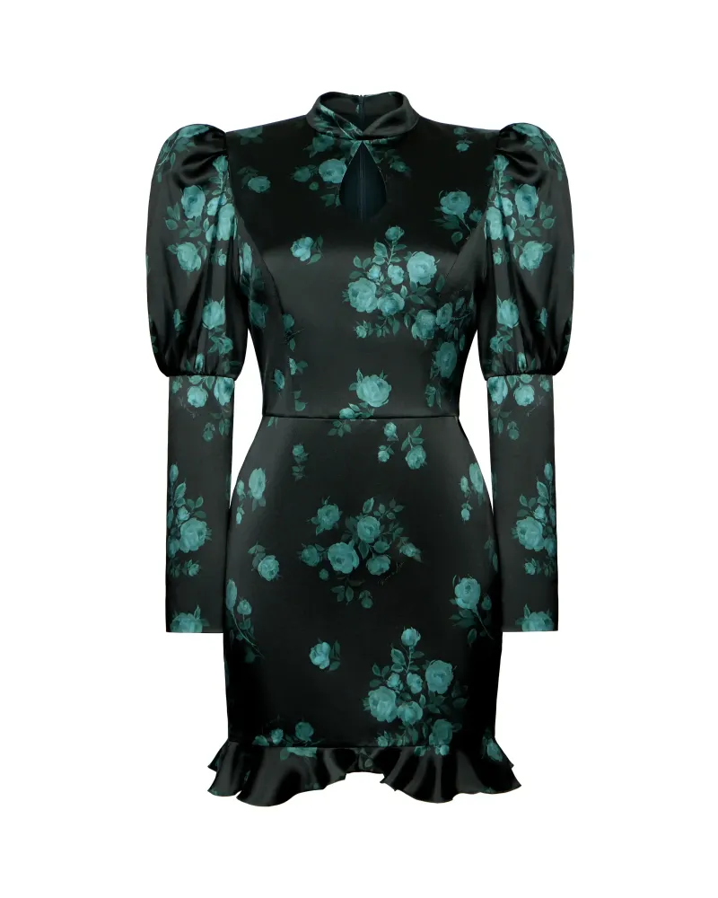 Giannetta mini, платье мини из темно-зеленого атласа с цветочным принтом