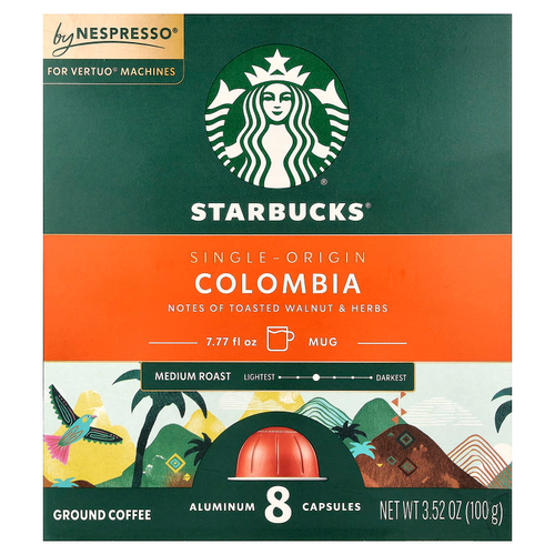 Starbucks, Nespresso®, Колумбия, молотые, средняя обжарка, 8 алюминиевых капсул, 100 г (3,52 унции)