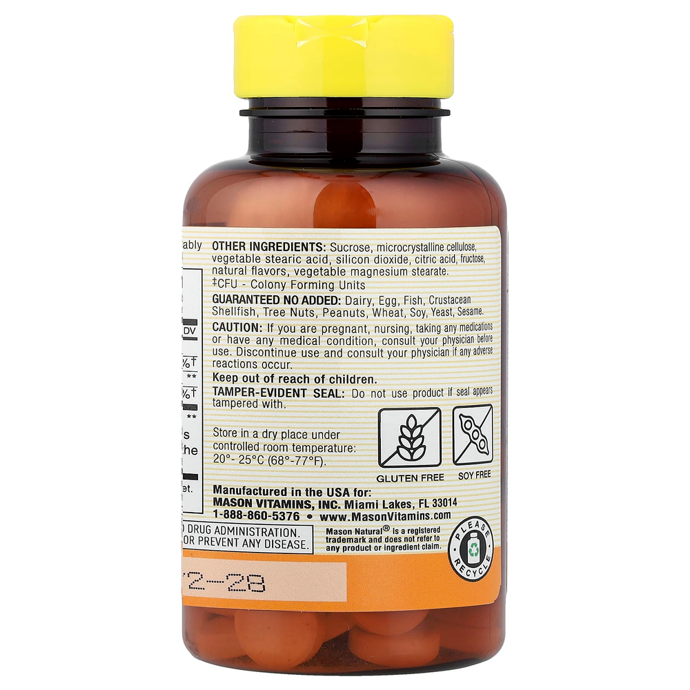 Mason Natural, жевательный пробиотик ацидофилус и бифидус, клубничный вкус, 100 жевательных таблеток (34 мг в 1 таблетке)