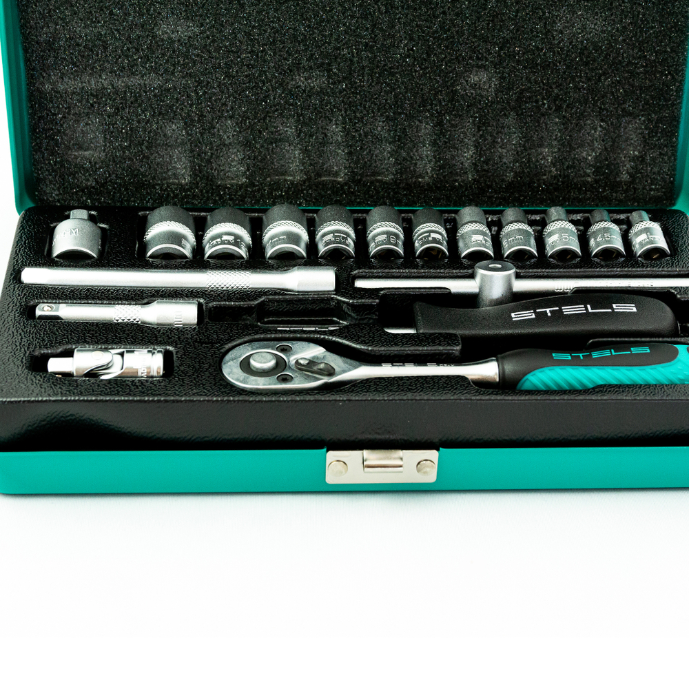 Набор торцевых головок с трещоткой, 1/4", 18 предметов Stels