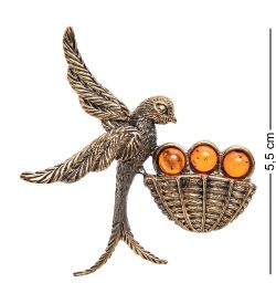 AM-2097 Брошь «Ласточка на гнезде» (латунь, янтарь)