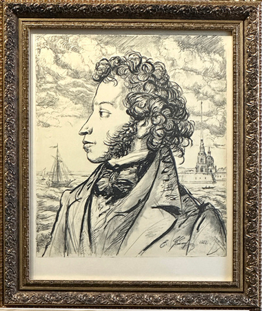 Устинов Е. А. Портрет А. С. Пушкина на фоне Петербурга. Автолитография. 1982 г.