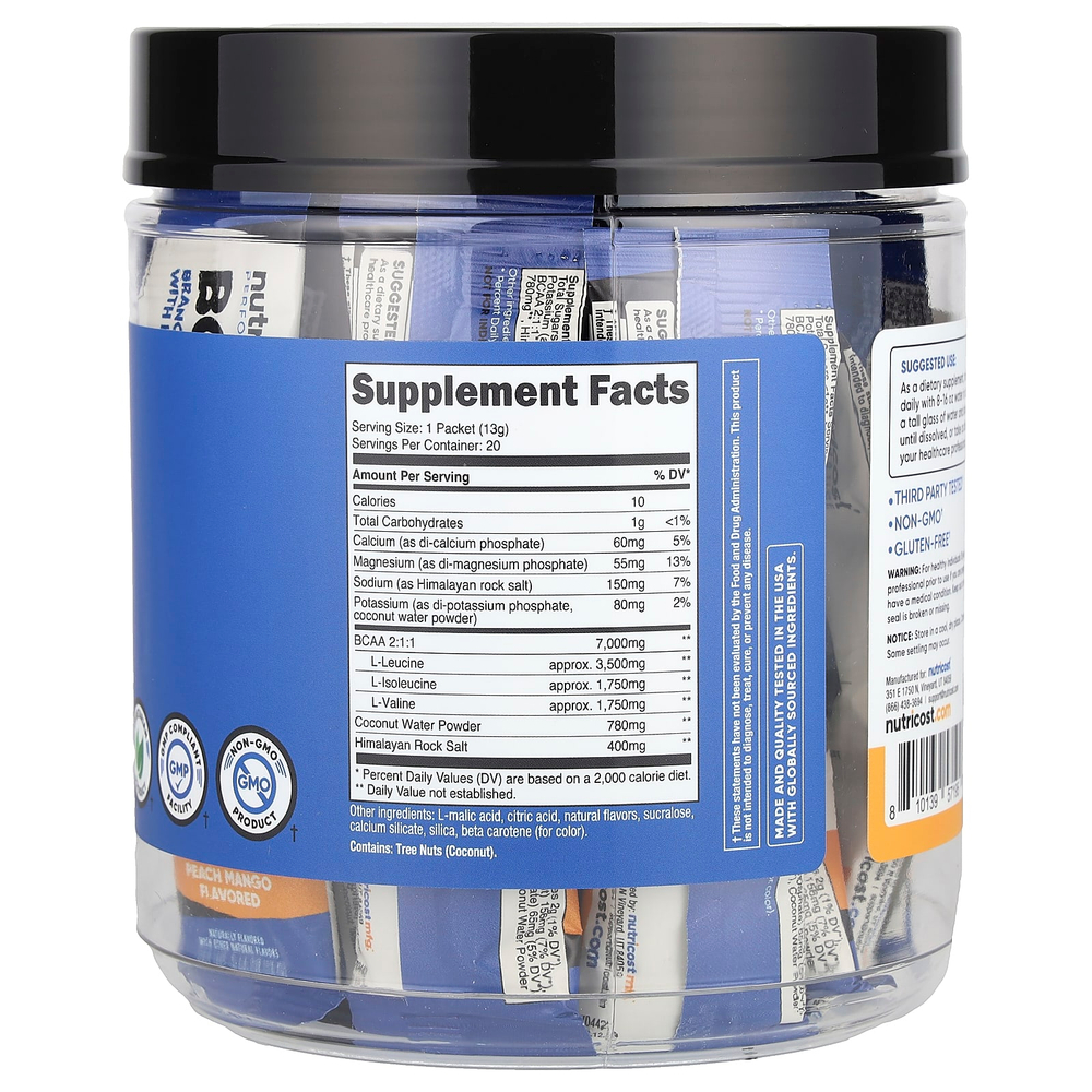 Nutricost, Performance, BCAA +, персик и манго, 20 пакетиков по 13 г (0,5 унции)