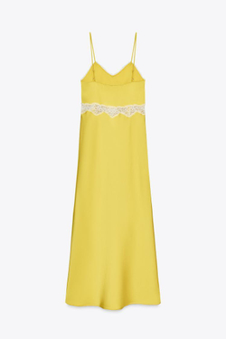 ZARA ПЛАТЬЕ-КОМБИНАЦИЯ МИДИ С КРУЖЕВОМ, ГОРЧИЧНЫЙ