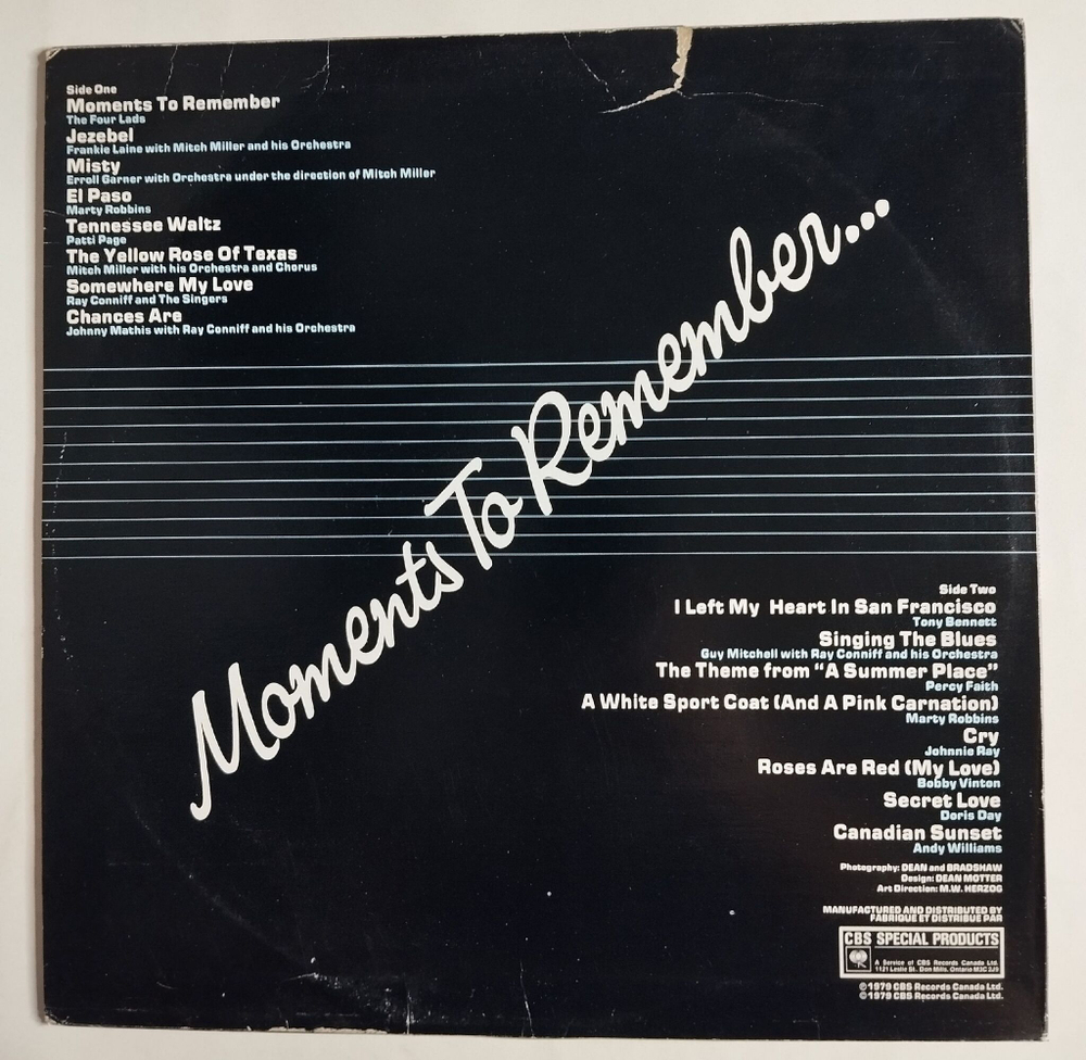 Винтажная виниловая пластинка LP Сборник Moments to Remember (Canada 1979) (Andy Williams, Doris Day, Tony Bennett)