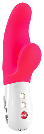 Ярко-розовый вибратор с клиторальным отростком MiSS Bi - 17 см.