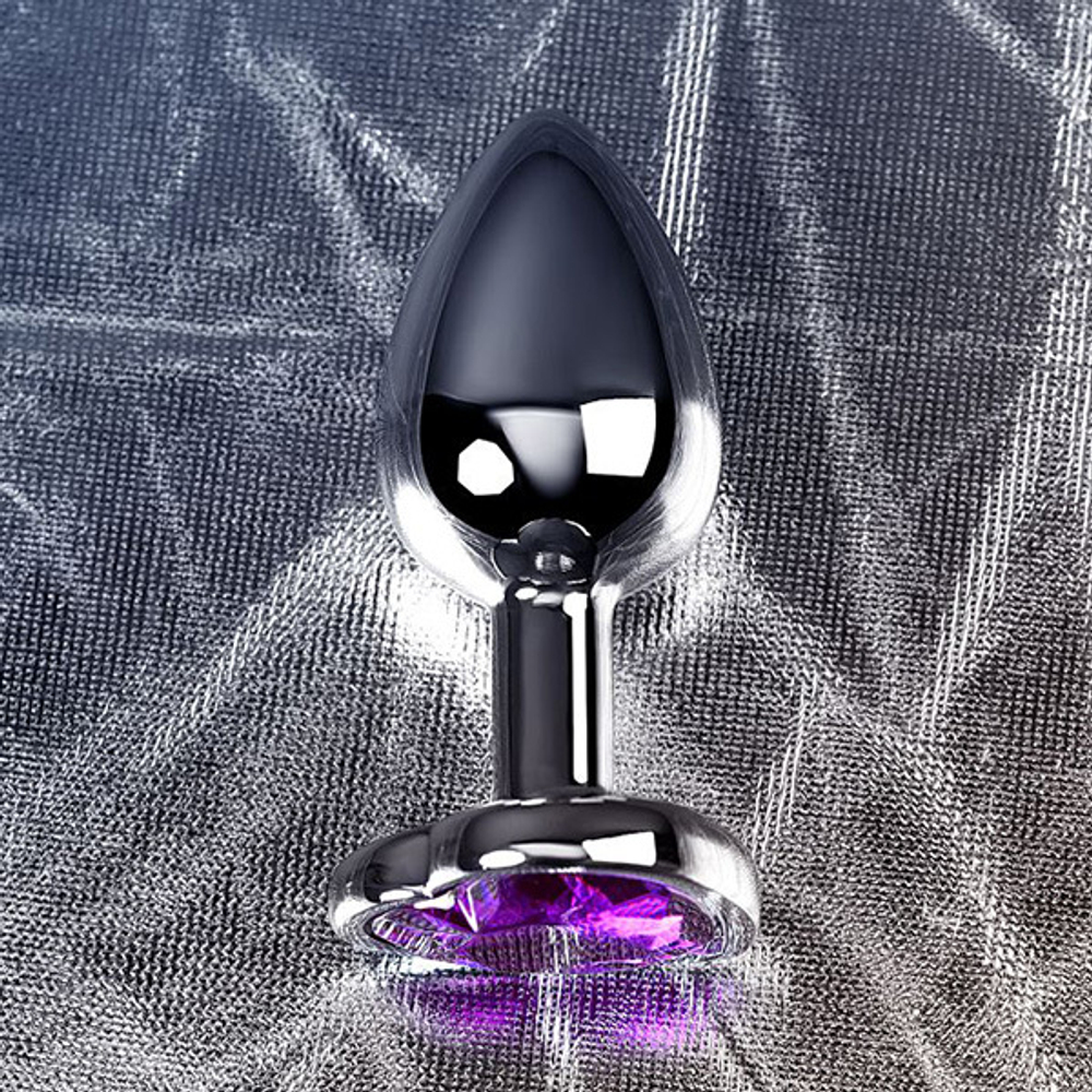 Серебристая коническая анальная пробка 7см с фиолетовым кристаллом-сердечком ToyFa Metal 717013-4