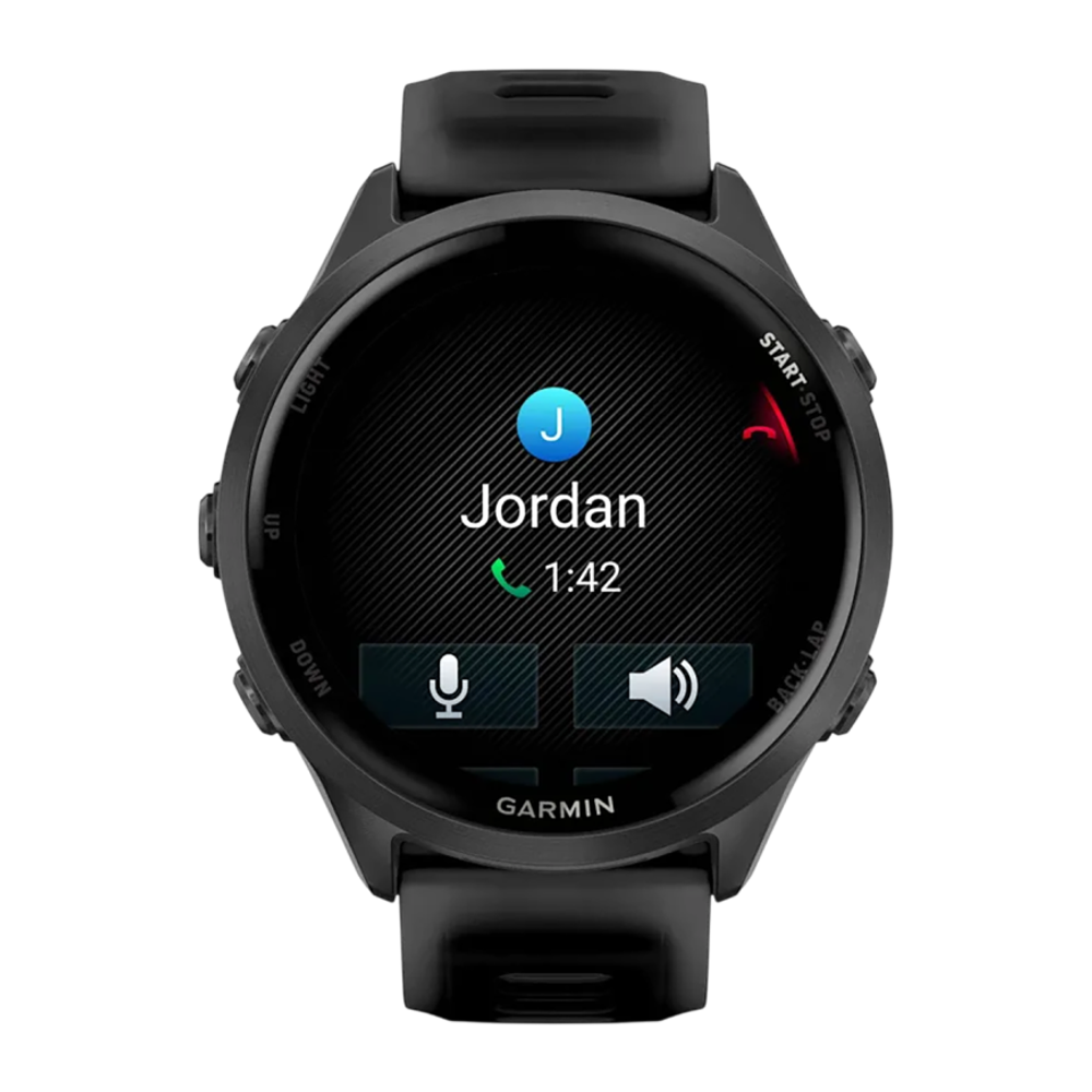 Спортивные часы Garmin Forerunner 570, 47 мм, силиконовый ремешок цвета «полупрозрачный чёрный»/чёрный Сланцево-серый алюминиевый безель, AMOLED-дисплей с Gorilla Glass 3. Ремешок с классической застёжкой — на запястье обхватом 135–205 мм