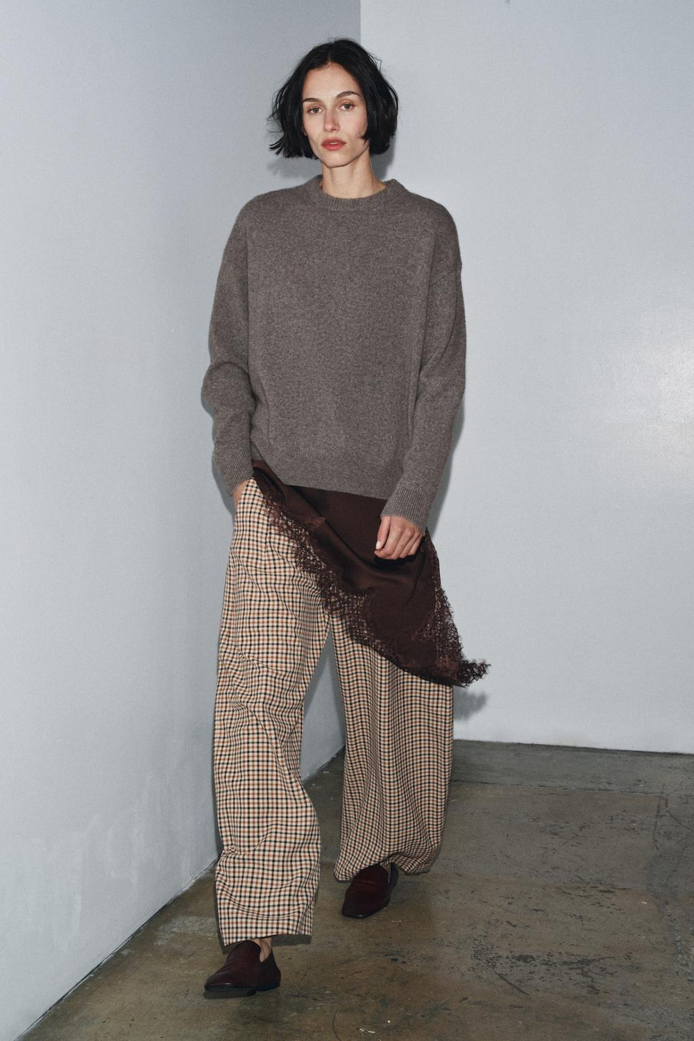 ZARA ДЖЕМПЕР ИЗ КАШЕМИРА И ШЕРСТИ С ДЛИННЫМИ РУКАВАМИ, СЕРО-КОРИЧНЕВЫЙ