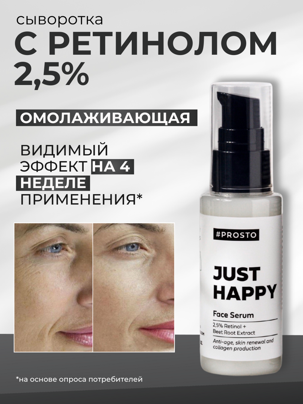 Сыворотка для лица с ретинолом JUST HAPPY для регенерации и омоложения кожи