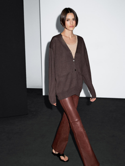 Massimo Dutti Длинный вязаный кардиган из смесовой льняной пряжи, шоколадно-коричневый