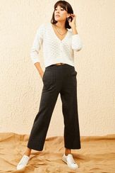 Qadın üçün beli rezinli, cibli, enli ayaqlı tünd boz şalvar 10121083