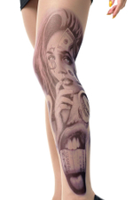 Колготки с принтом-тату в виде девушки с купюрами (Размер: S-M-L) (Цвет: бежевый)