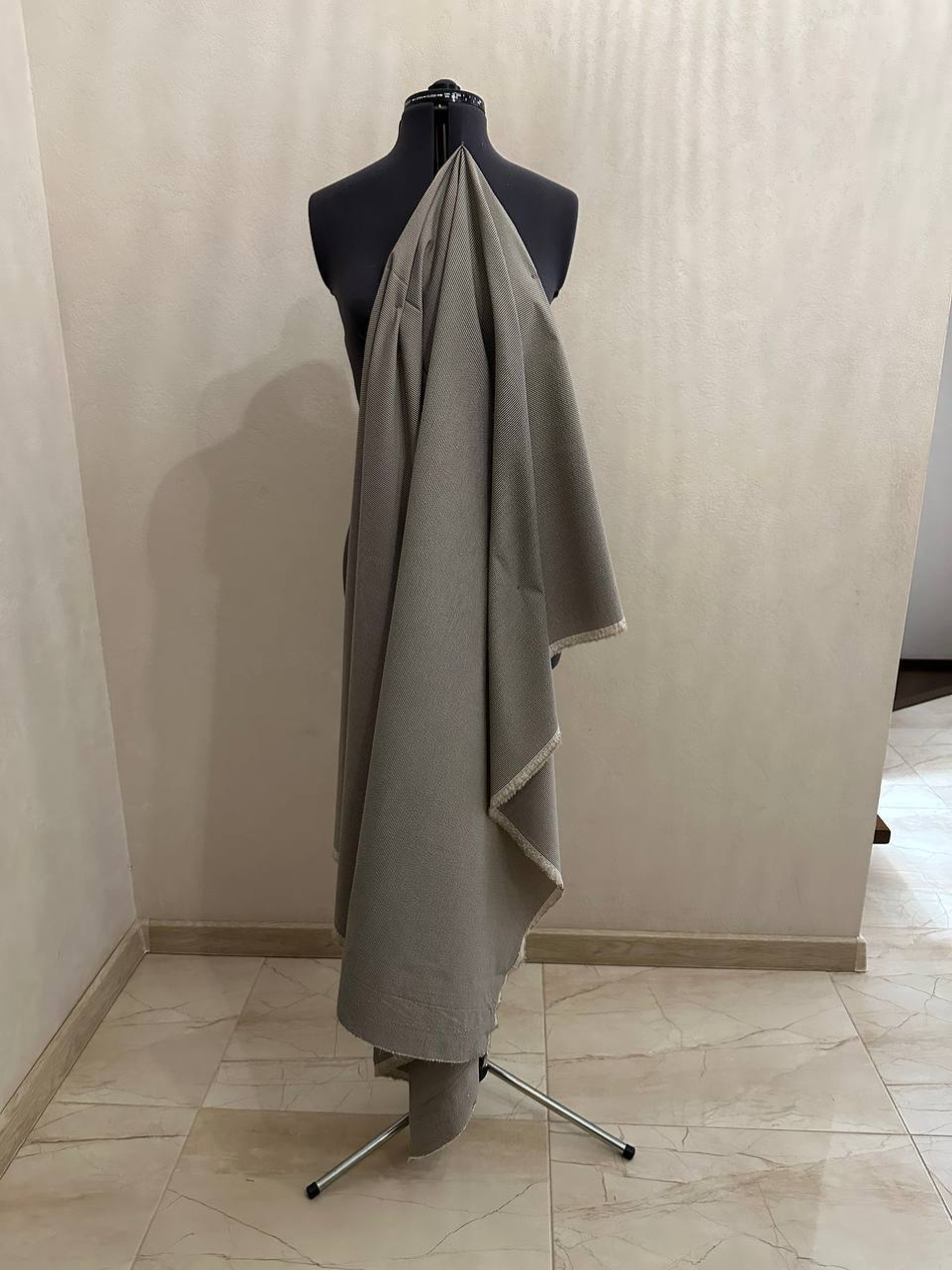 Костюмно-плательная фактурная шерсть (сирсакер) (Marzotto, 85%шерсть/15%полиэстер, Бежевая гамма/тонкая вертикальная полоска, 155, 210 гр/м2)