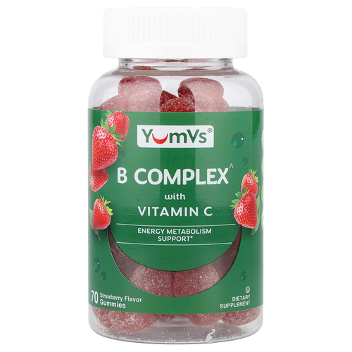 YumVs, комплекс витаминов группы B с витамином C в жевательных таблетках, со вкусом клубники, 70 жевательных таблеток