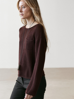 Massimo Dutti Свитер из хлопкового и льняного трикотажа с карманом, коричневый