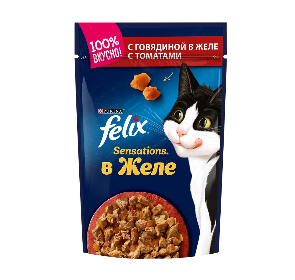 Влажный корм для кошек Felix Sensations в желе с говядиной и томатами 75 г