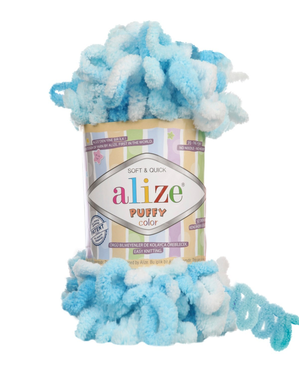 Пуффи колор (Puffy color) пряжа Alize 100%микрополиэстер 5х100г/9 м (5924 белый-бирюза)