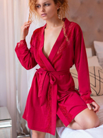 Женский халат-кардиган с отделкой кружевом (Размер: M) (Цвет: бордовый)