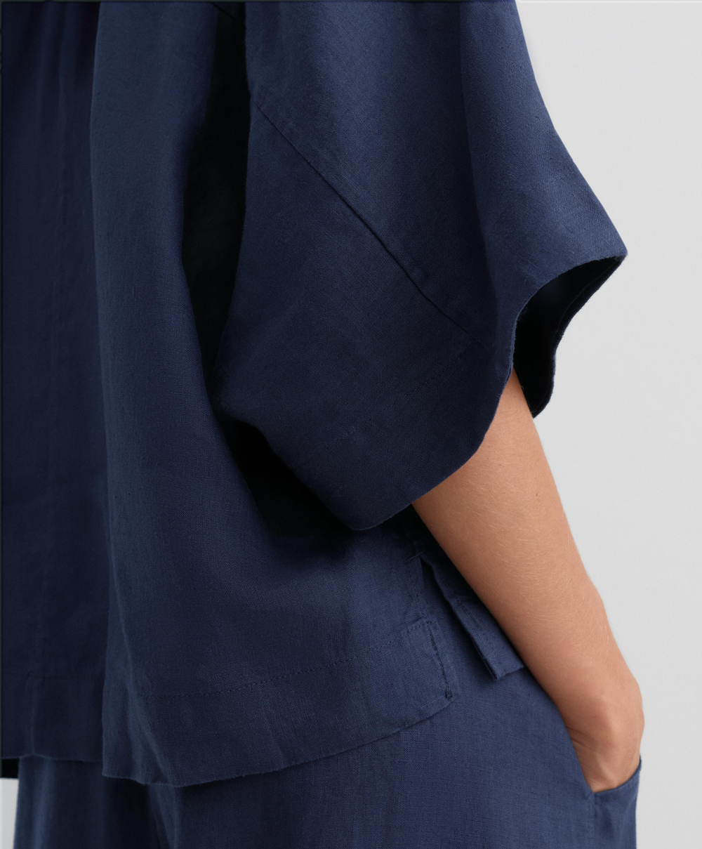 Oysho Рубашка свободного кроя с коротким рукавом из 100% льна, военно-морской