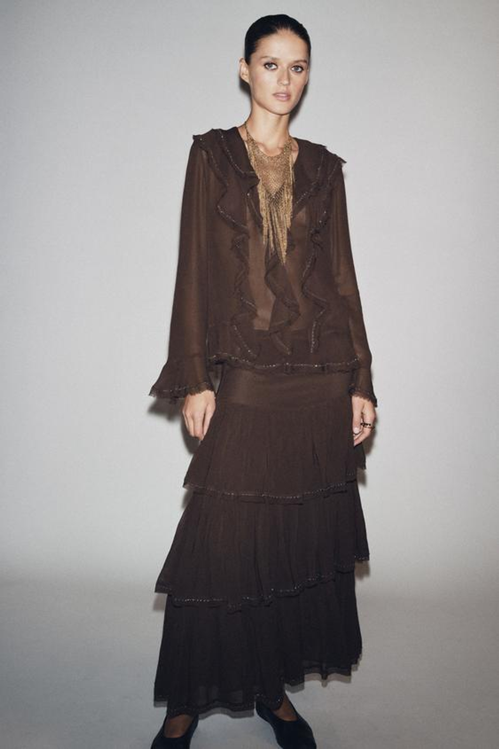 ZARA ЮБКА С ВОЛАНАМИ И БУСИНАМИ — ZW COLLECTION, КОРИЧНЕВЫЙ