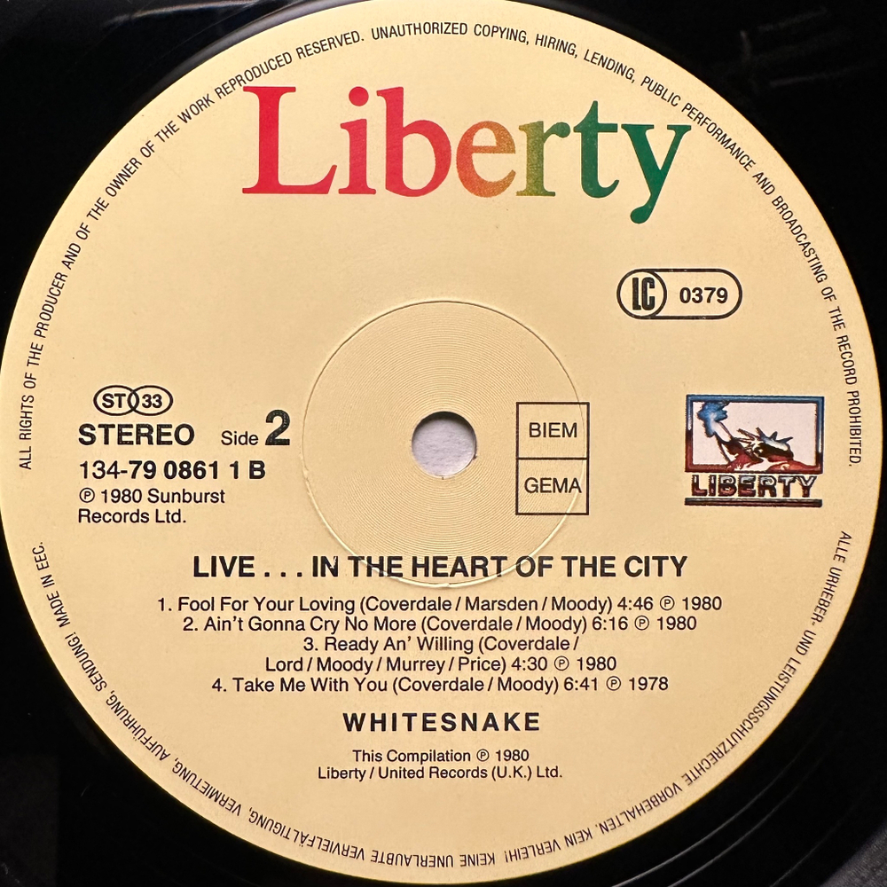 Whitesnake - Live... In The Heart Of The City 2LP (Германия 1980г.)