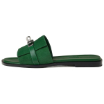 Hermes Giulia leather classic palladium-plated shoe buckle one-word slippers women's green, H232130Z I0