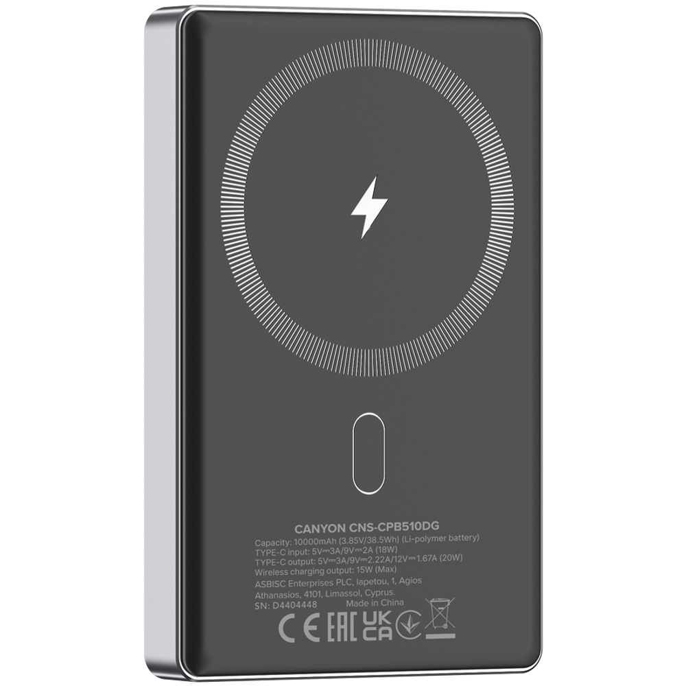 CANYON power bank OnPower 510 slim Magnetic 10000 mAh PD20W Dark Grey