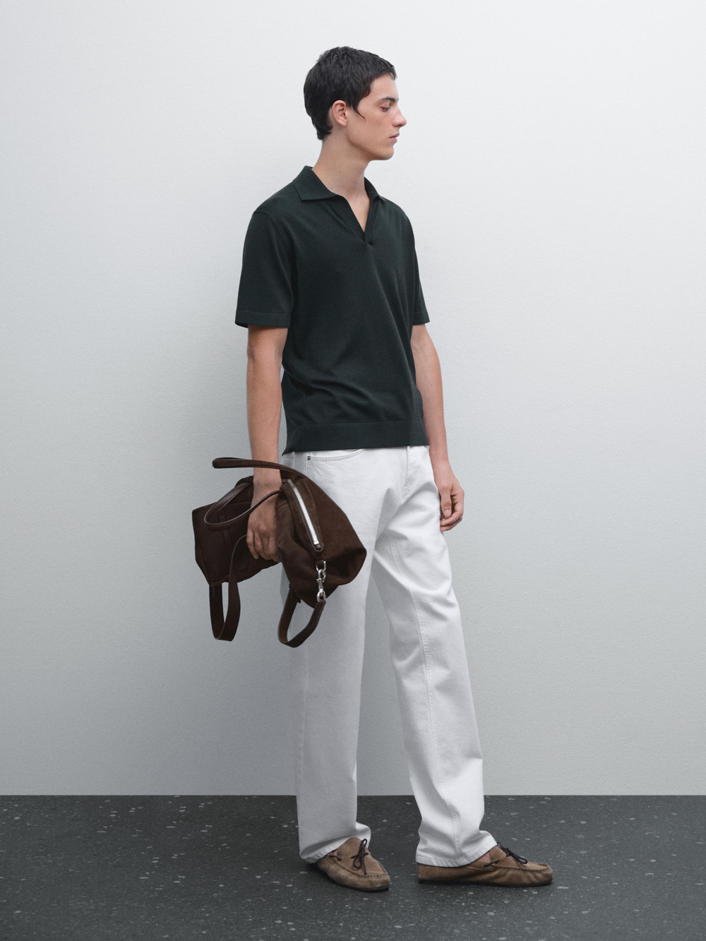 Massimo Dutti Вязаная футболка-поло с V-образным вырезом, темно-синий