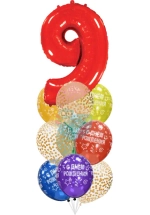Фонтан c красной цифрой «9» из 10 воздушных шаров с гелием