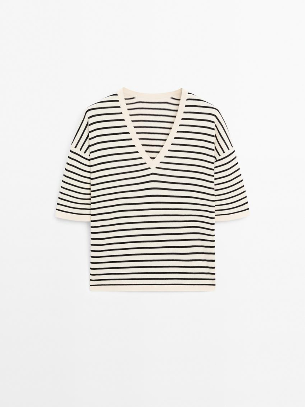 Massimo Dutti Свитер в полоску с V-образным вырезом, темно-синий