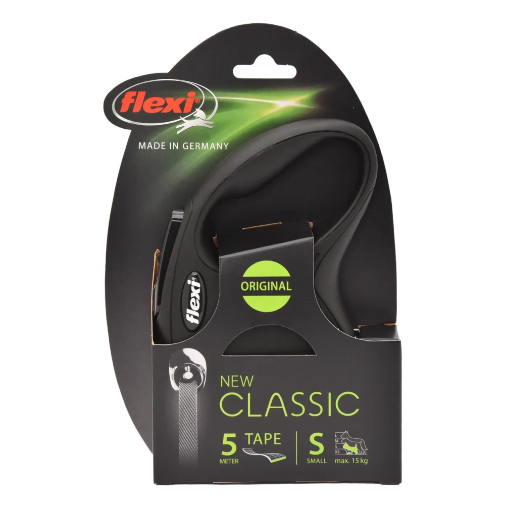 Flexi New Classic S 5м до 15кг поводок-рулетка РЕМЕНЬ, ЧЁРНЫЙ 1/12