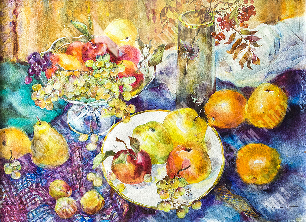 Корягин С.Н. Натюрморт с яблоками. Бумага, акварель. 2005 г. 55х40 см.