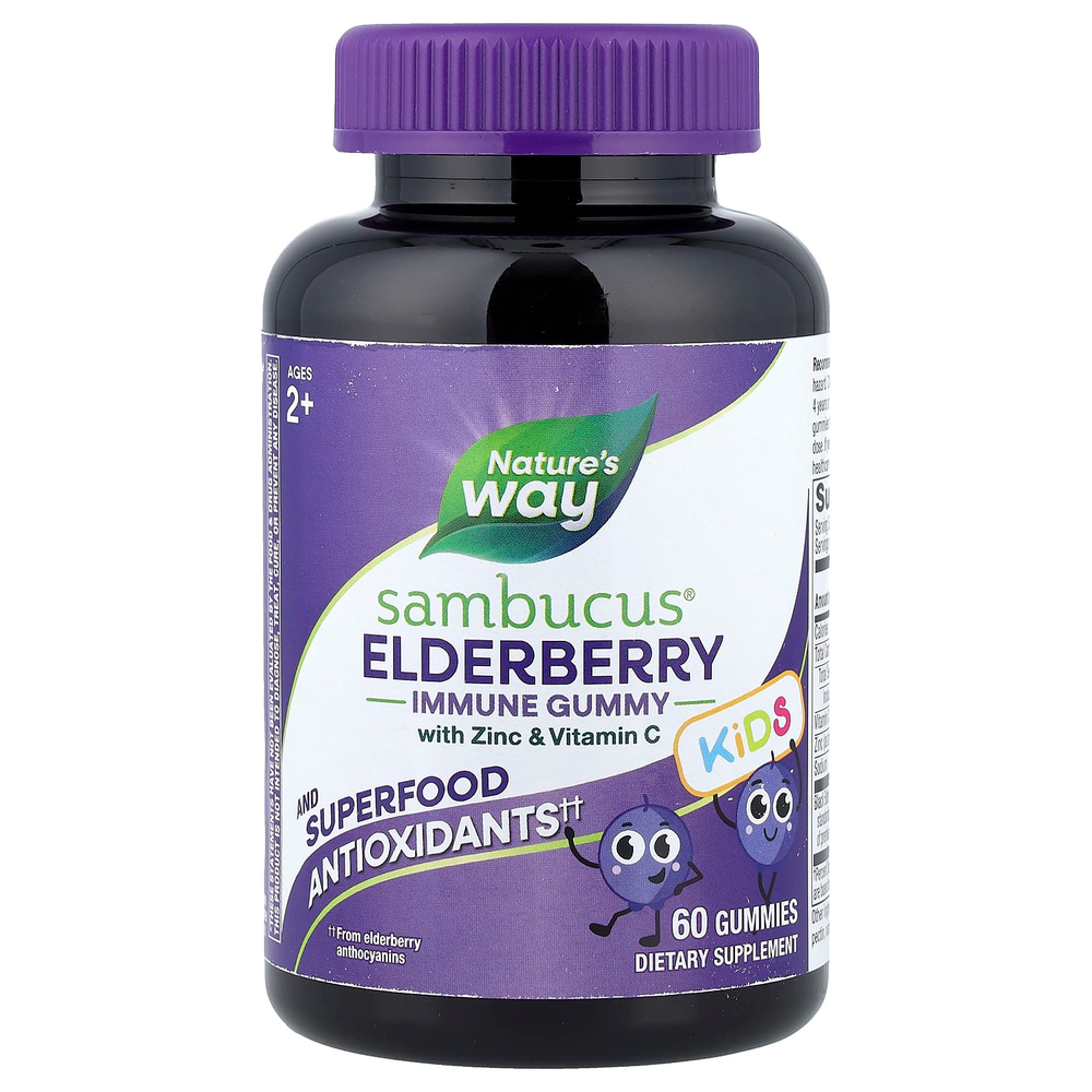 Nature's Way, Sambucus® Kids, жевательные таблетки для укрепления иммунитета с цинком и витамином C, для детей от 2 лет, бузина, 60 жевательных таблеток