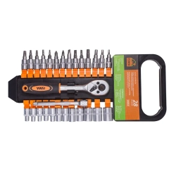 Набор головок и бит с трещоткой 28пр. 1/4''(4-13мм, Torx:T10,15,20,25,30, Hex:3-6мм,SL:4,5.5,7мм, PH1,2),в пластиковом держателе ISMA ISMA-2028-5