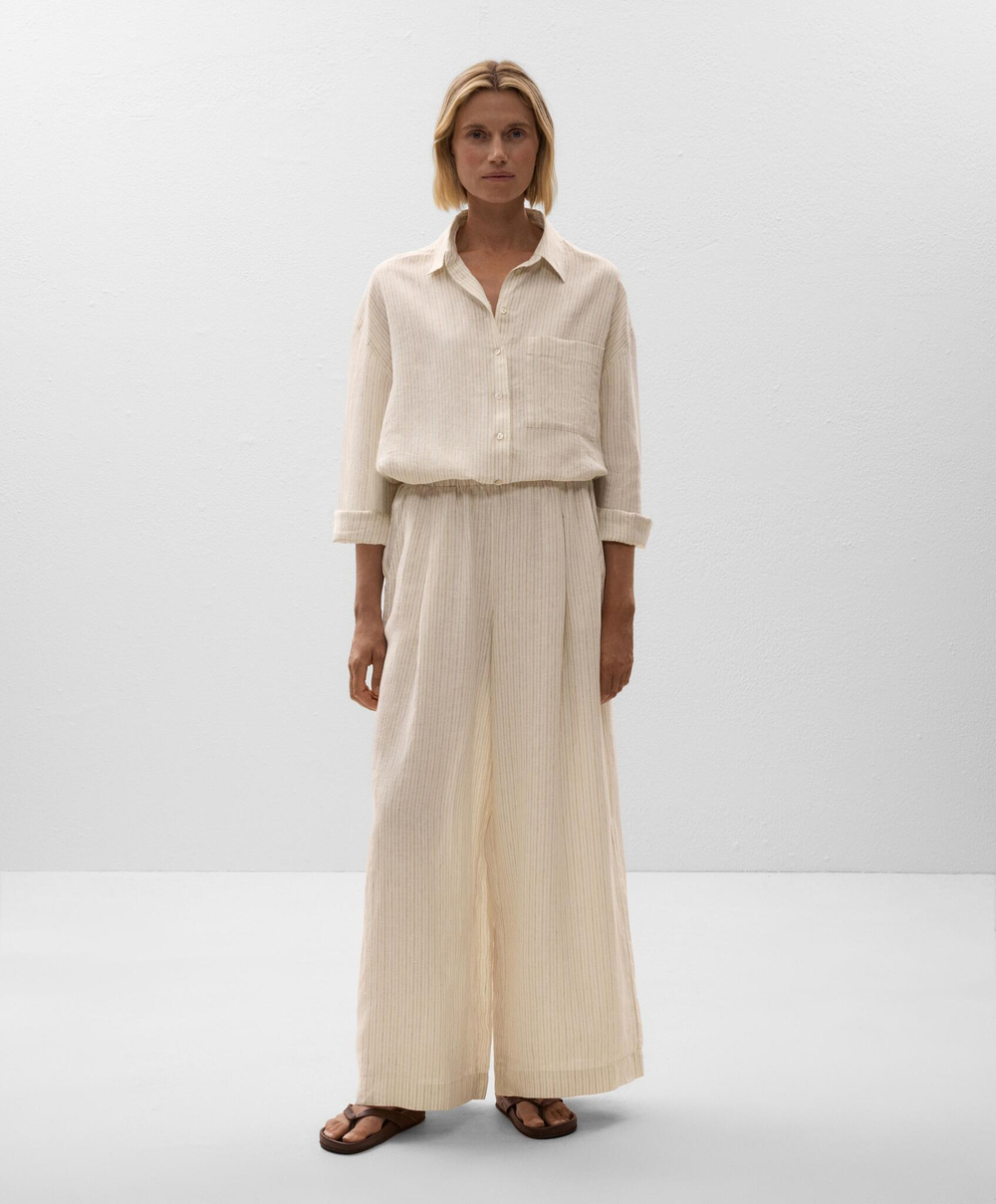 OYSHO Брюки широкие в полоску из 100% льна, светло-бежевый