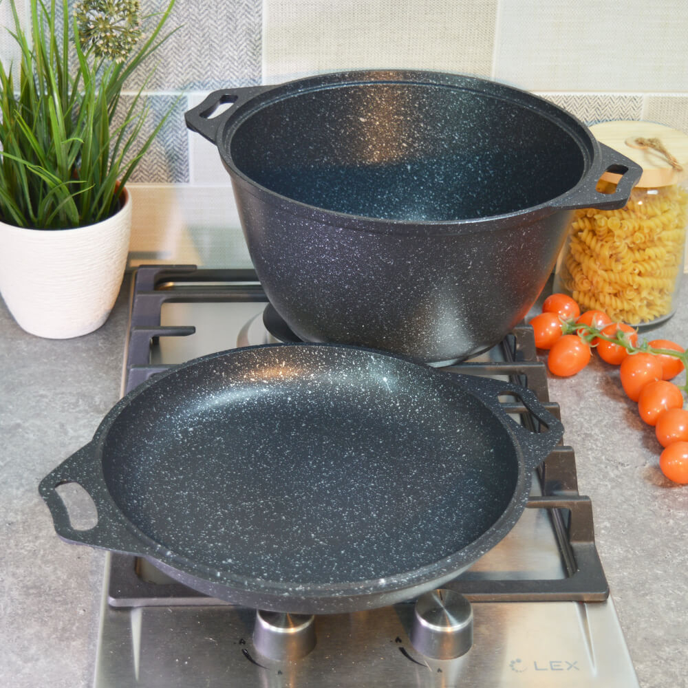 Казан 4л литой с крышкой-сковородой, с антипригарным покрытием "Темный мрамор"